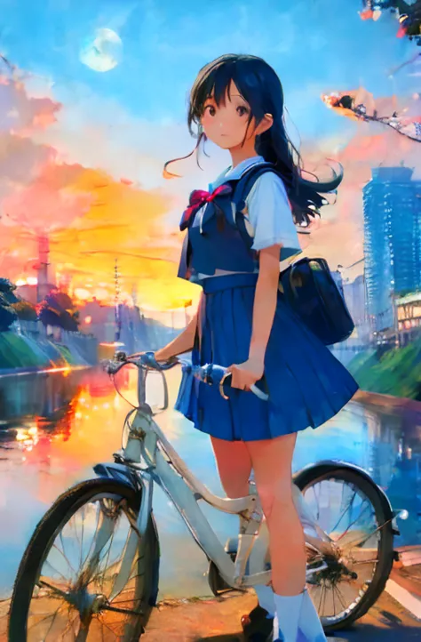 (masterpiece, Highest quality:1.2), reality、girl on a bicycle， alone、Junior high school girl，low length，Summer uniform、Flutterin...