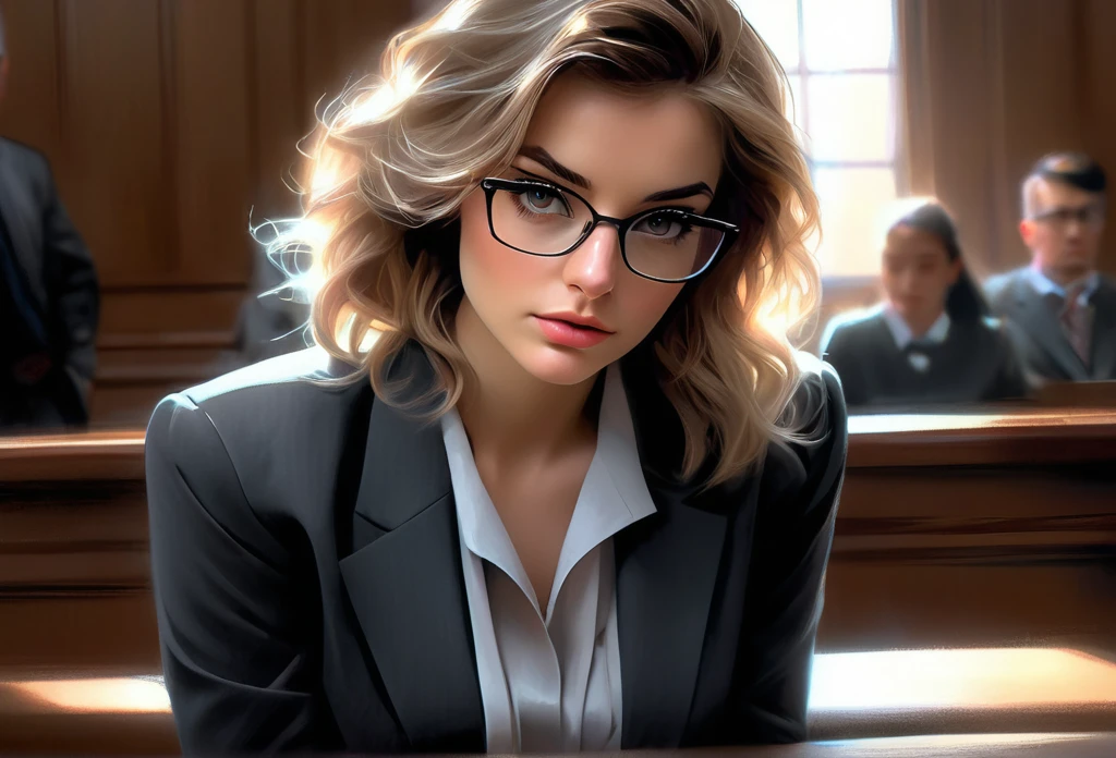 1girl, (lawyer:1.5), (solo:1.5), (in court:1.4), obscure light and shadow,aestheticism,brooding,emotional depth,(expressive brushwork:1.2),pastel hues,ultra realistic 8k cg, picture-perfect face, flawless, clean, masterpiece, professional artwork, famous artwork, perfect face, beautiful face, beautiful eyes, ((perfect female body)),(immersive atmosphere, chiaroscuro:1.5) ,(blush:0.5),seductive expression,extremely detailed_eyes,thick thighs,small breasts, beautifully detailed background,depth of field,realistic:1.3, long shot, (full body:1.7),(ambient light:1.3),(cinematic composition:1.3),(HDR:0.1), Accent Lighting, glasses, (blond hair), (midi grey pencil skirt:1.2), blazer, (lean on table:1.3), (photographed at eye level), 