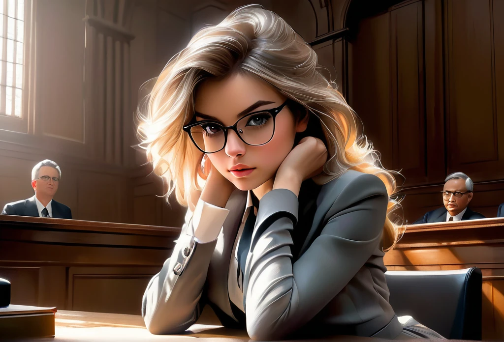 1girl, (lawyer:1.5), (solo:1.5), (in court:1.4), obscure light and shadow,aestheticism,brooding,emotional depth,(expressive brushwork:1.2),pastel hues,ultra realistic 8k cg, picture-perfect face, flawless, clean, masterpiece, professional artwork, famous artwork, perfect face, beautiful face, beautiful eyes, ((perfect female body)),(immersive atmosphere, chiaroscuro:1.5) ,(blush:0.5),seductive expression,extremely detailed_eyes,thick thighs,small breasts, beautifully detailed background,depth of field,realistic:1.3, long shot, (full body:1.7),(ambient light:1.3),(cinematic composition:1.3),(HDR:0.1), Accent Lighting, glasses, (blond hair), (midi grey pencil skirt:1.2), blazer, (lean on table:1.3), (photographed at eye level), 