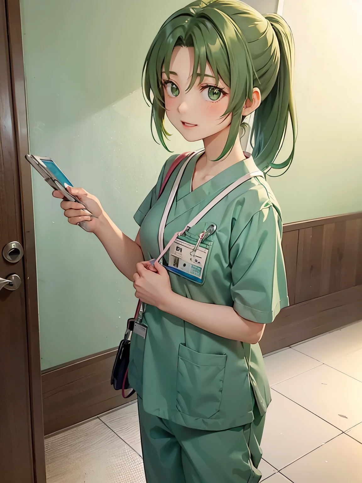 chica, alone, Mion Sonozaki, ojos verdes, cola de caballo,, cola de caballo, Medical Fregar、Fregar、enfermera、Sostén en la mano、manga corta、Pantalones largos, (tarjeta de identificación)、Correa、Hospital corridor、iluminación cálida、Sentido de limpieza