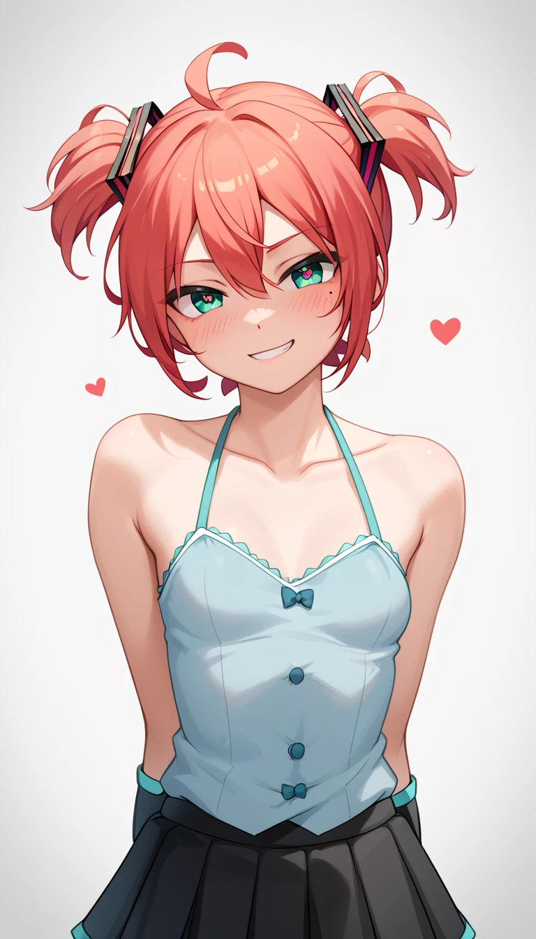 1 Girl, Small Breasts, Green Eyes, Heart Eyes, Deep Red Hair, Short Hair Style, Pale White Skin, Smooth Skin, Face Freckles, Slutty, Sexy, Sassy, Smirking, Tease, Teasing, Teasing, Sexy Pose, Young Girl, Very Small Girl, 8 Years Old, Cosplay Hatsune Miku,