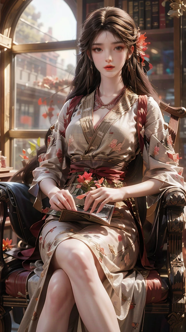 A beautiful woman sitting gracefully, ((Visible cleavage)), realistic style, detailed and rich textures. She has long, flowing hair, expressive eyes, and a warm smile. Her attire is elegant, with intricate patterns and delicate fabric. She is sitting on a vintage armchair, surrounded by a cozy, well-decorated room with soft lighting. The background includes a bookshelf filled with books, a vase with fresh flowers, and a window showing a serene garden outside. Her posture is relaxed, with one leg crossed over the other and her hands gently resting on her lap. The scene is bathed in natural light, highlighting the fine details of her features and the surrounding environment. Anatomically correct