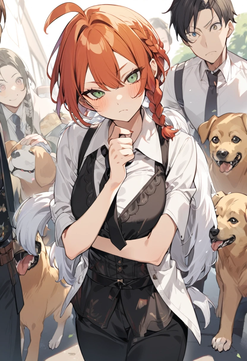 1 girl, makima (Chainsaw Man), necktie preta, black pants, Braid, rabo de cavalo Braiddo, breastsout, cloused mouth, collared, chemise de collared, tiro de cowboy, toenails, gi, hair over the shoulders, head tilt, hold the dog&#39;s collar, pull the leash, longye hair, long sleeves, lookin at viewer, necktie, extended arm, pants, Eyes red, Red hair, ringed eyes, chemise, sensual smile, 独奏, lighting sun, collared não usado, chemise branca, in the office