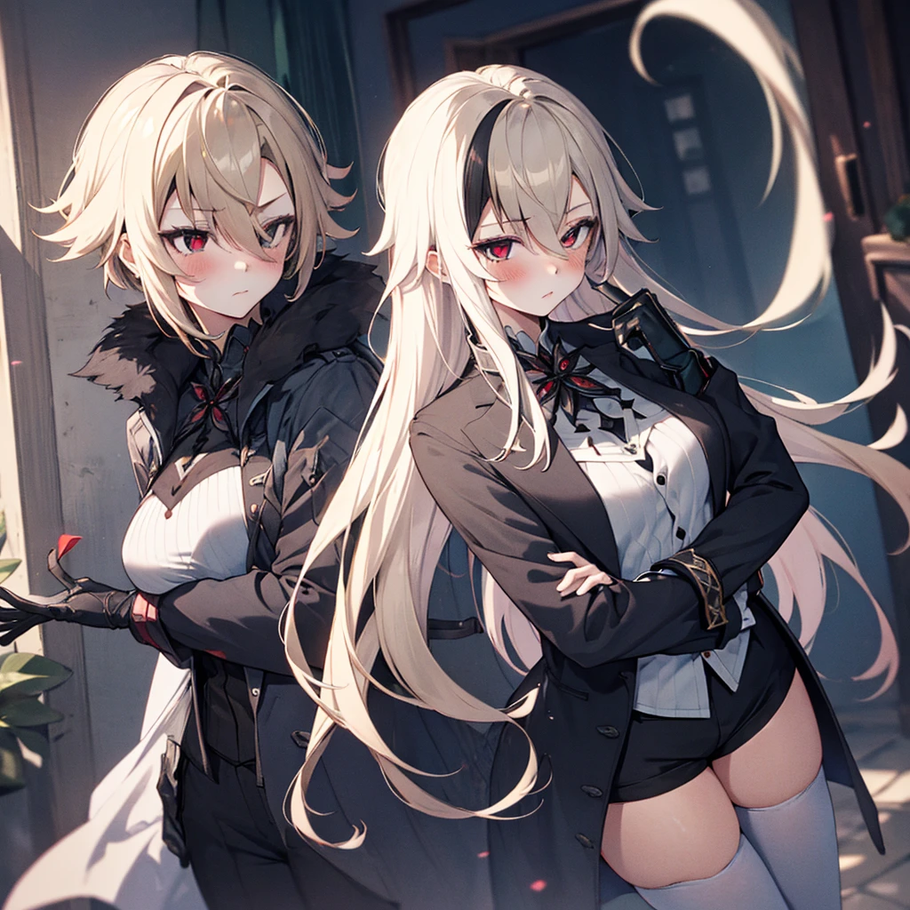 1girl, ashen_blond_hair, long_hair, bangs, red_eyes, two_side_up, hair_over_one_eye, blush, medium_breasts, Black_trench_coat, white_shirt, gauntlets, Black_pantyhose, grey_shorts, pale skin,