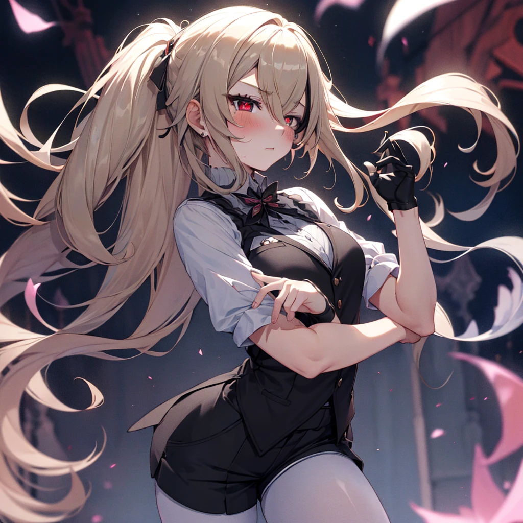 1girl, ashen_blond_hair, long_hair, bangs, red_eyes, two_side_up, hair_over_one_eye, blush, medium_breasts, Black_Vest, white_shirt, gauntlets, Black_pantyhose, grey_shorts, pale skin,