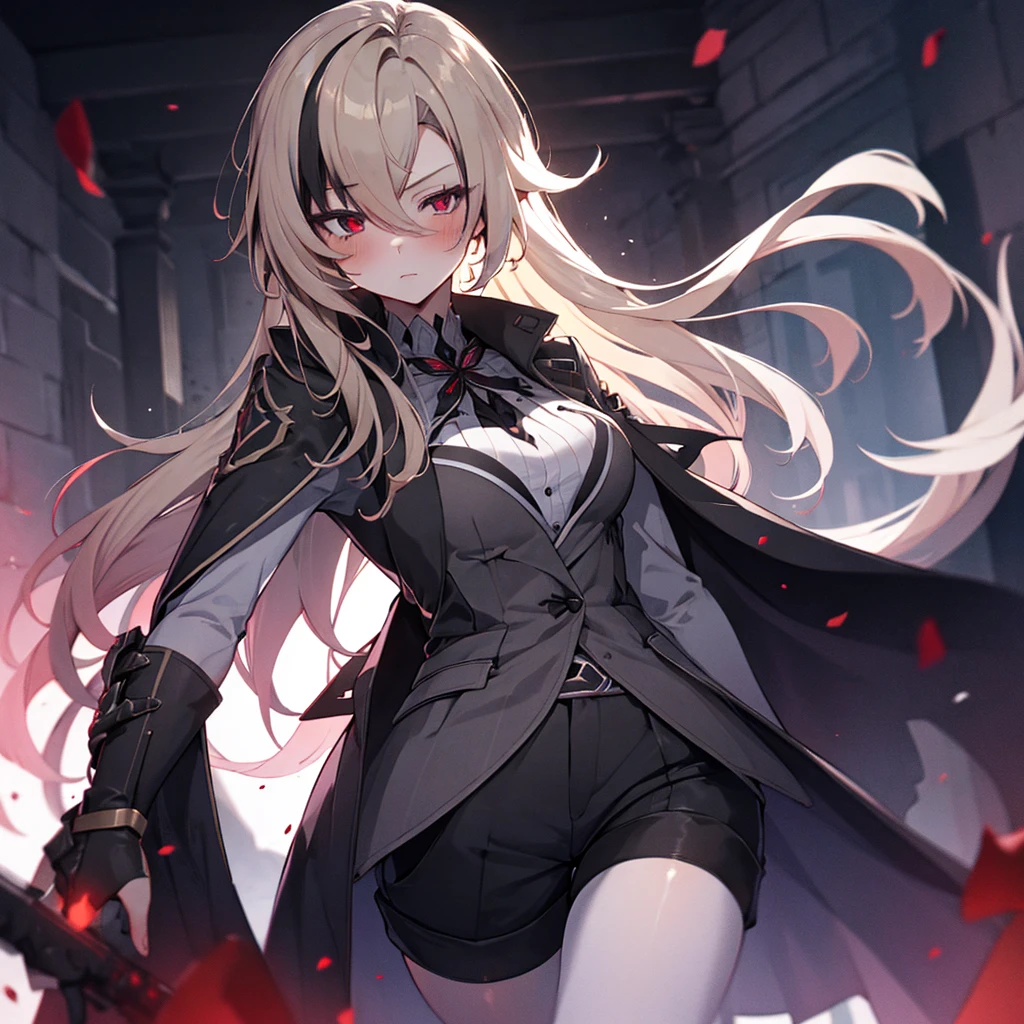 1girl, ashen_blond_hair, long_hair, bangs, red_eyes, two_side_up, hair_over_one_eye, blush, medium_breasts, Black_trench_coat, gauntlets, Black_pantyhose, grey_shorts, pale skin,