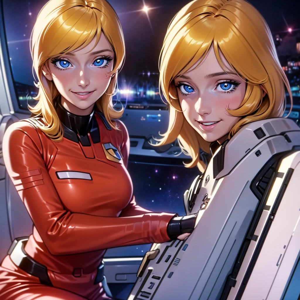 upper body, a woman sitting on a computer console in a spacecraftjoan, blonde hair, with, red suit, beautiful eyes, beautiful girl, high detail skin, high detail eyes, high detail hair, highres, ultra detailed, horny smile, Highly detailed,masterpiece, best quality,