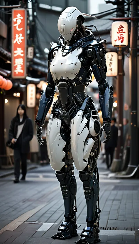 girl walking on the street holding a phone texting, , walking next to a highly detailed and realistic samurai robot bodyguard wi...