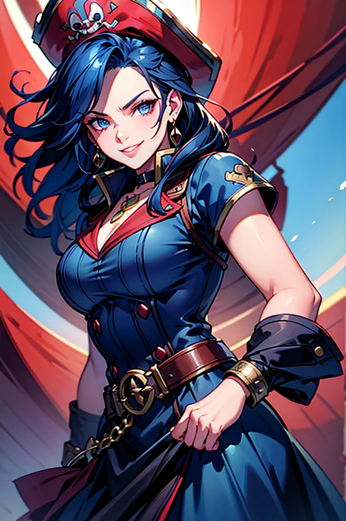 a pirate woman dark blue hair bad ass smile red pirate hat
