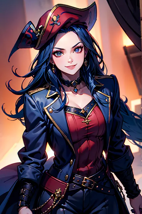 a pirate woman dark blue hair bad ass smile red pirate hat