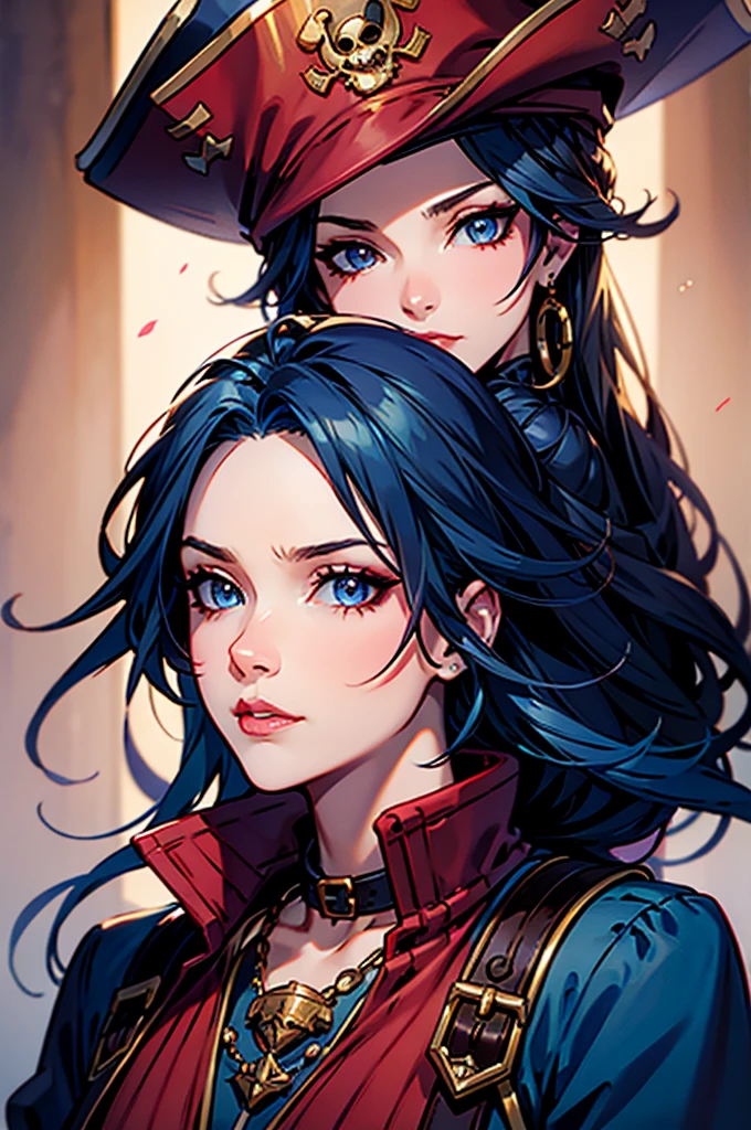 a pirate woman dark blue hair happy red pirate hat Golden toot