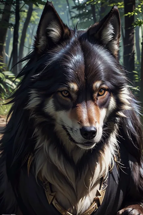 wolf, animal, black hair, shord hair, path, wilderness, masterpiece, light, expert, insanely detailed, 4k resolution, sharp, clo...