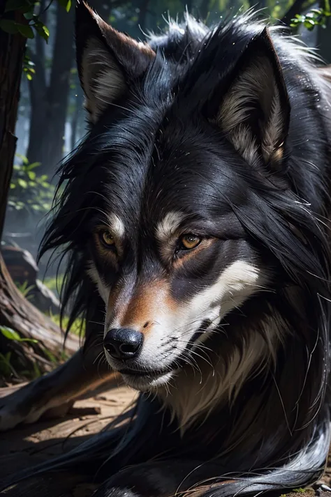 wolf, animal, black hair, shord hair, path, wilderness, masterpiece, light, expert, insanely detailed, 4k resolution, sharp, clo...