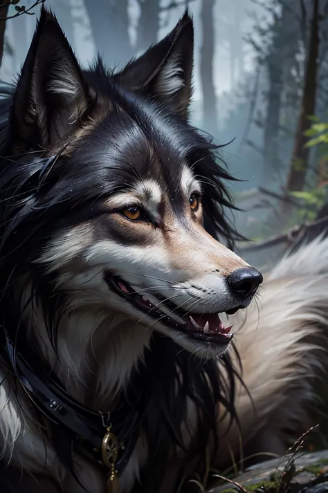 wolf, animal, black hair, shord hair, path, wilderness, masterpiece, light, expert, insanely detailed, 4k resolution, sharp, clo...