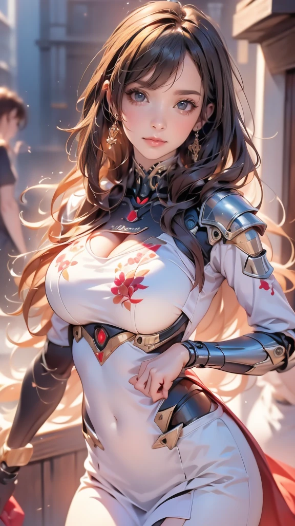 ((1girl:1.5),(embroidered cybernetic body:1.5),large breast,(mecha armor:1.5)),(Highest image quality, outstanding details, ultra-high resolution, (realism: 1.4), the best illustration, favor details, highly condensed 1girl,(Sense of presence:1.5),(Dynamic:1.5),(bold:1.5)),(thin hair:1.8),(straight hair:1.5),(Swept long bangs:1.5),(extra light coppery amber hair),((hair over one eye:1.2)),stretching,the background is a high-tech lighting scene of the future city