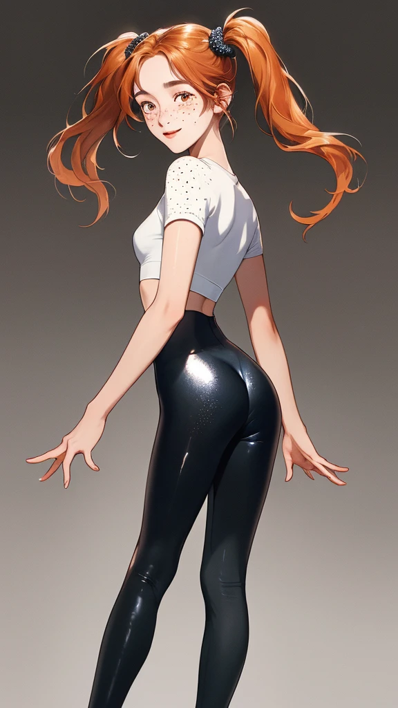 View from behind, masterpiece, fullbody，on tiptoes, floating in the air, best quality, ridiculous, high resolution, 4k, ray tracing, intricate details, very detailed, looking back, (1girl: perfect face, cute, small breasts , long ginger hair, , twin tails, freckles, shiny leggings)