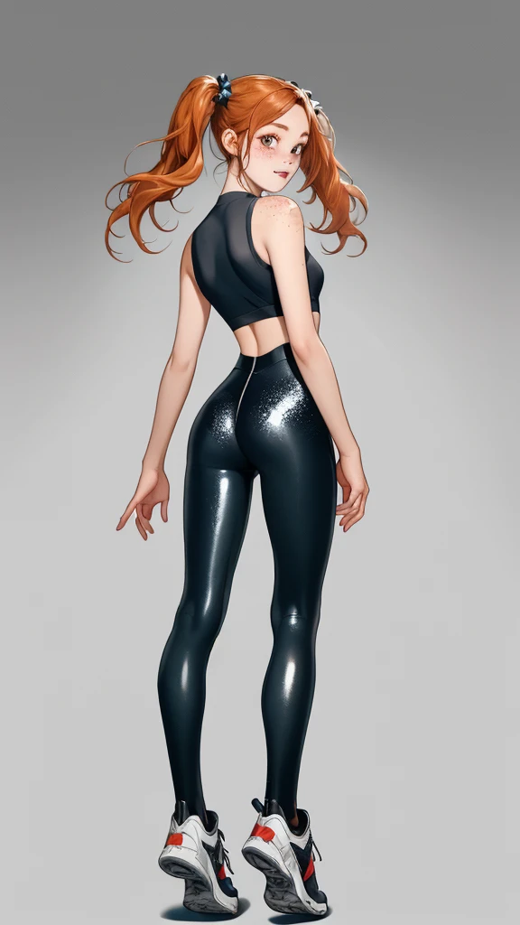 View from behind, masterpiece, fullbody，on tiptoes, floating in the air, best quality, ridiculous, high resolution, 4k, ray tracing, intricate details, very detailed, looking back, (1girl: perfect face, cute, small breasts , long ginger hair, , twin tails, freckles, shiny leggings)