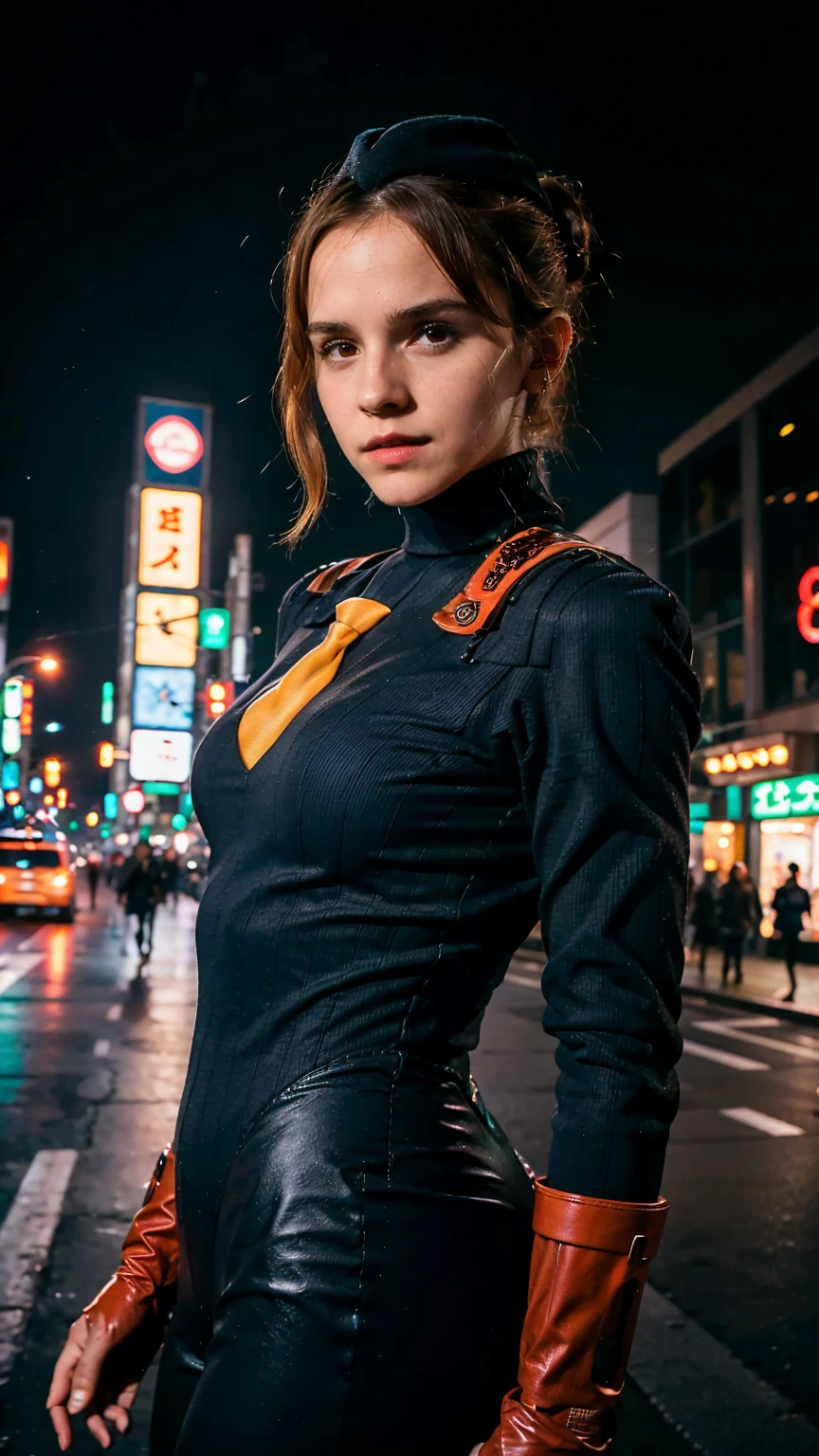 (masterpiece), (best quality), (solo, 1girl), (photorealistic1.4), (ewt), (Emma Watson in sfJuli latex costume), (sfJuli bodysuit), , blue eyes, brown hair, hat, (sfJuli orange necktie), (sfJuli red gloves), (navy blue ribbed bodysuit) , (epiCRealLife:1.0), (flashphoto), (flash photography), (cowboy shots), (on Tokyo Night street), (neon lights), (from front), (pose for pictures)