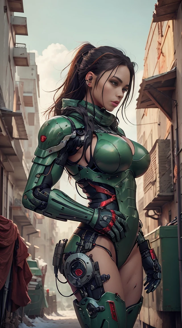 Cyborg Sexy Seios Grandes Corpo Atlético Braços Robóticos Botas de Metal Verde e Vermelho Armadura Verde e Vermelha NSFW Senary Uma Cidade de Gelo NSFW Colete Tático 