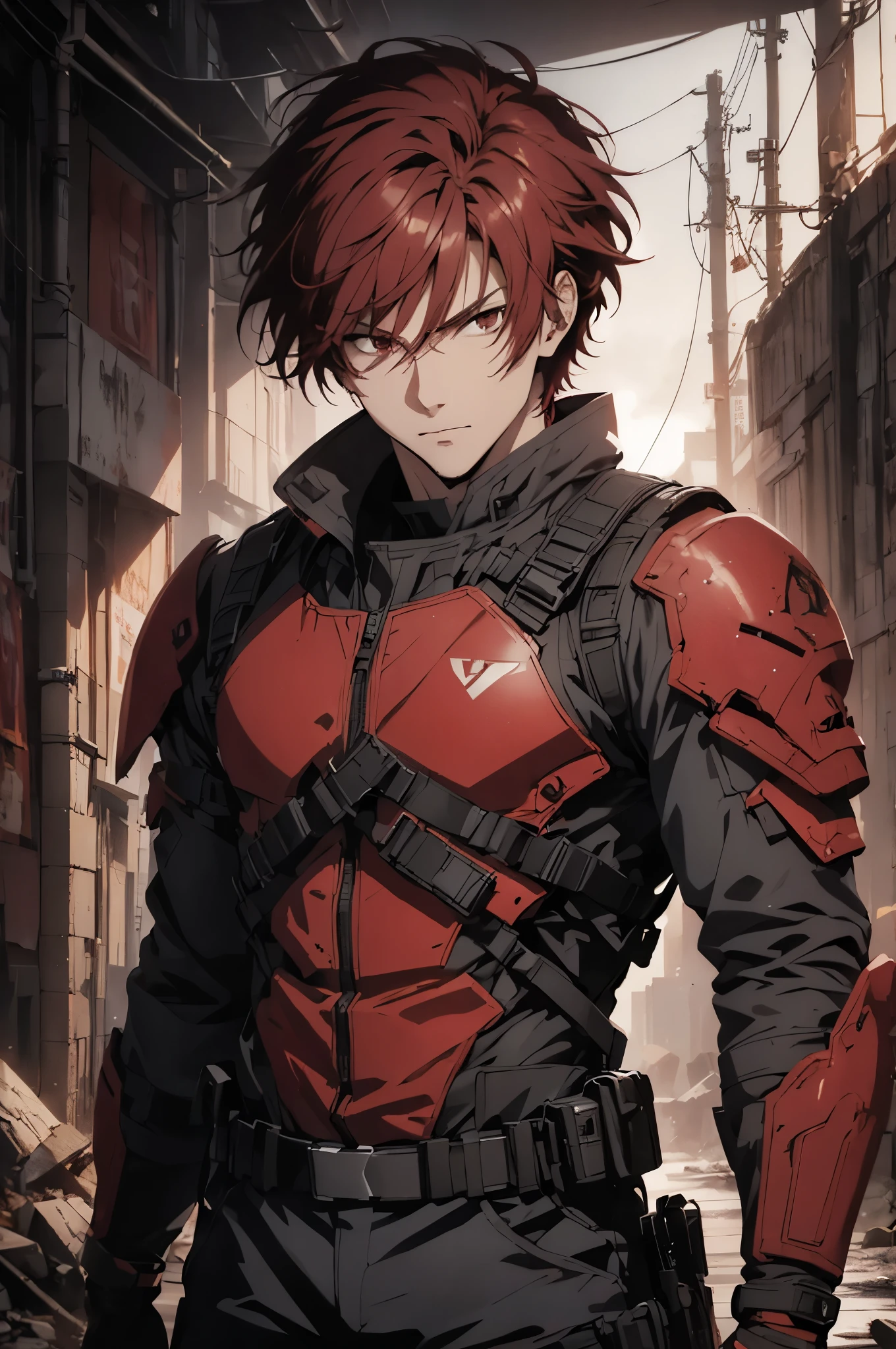 1man, handsome, red hair, wearing combat suit, ultra high resolution, best quality, masterpiece, rtx,ray tracing, 4k, top quality, highly detailed, official art, stunning visuals 