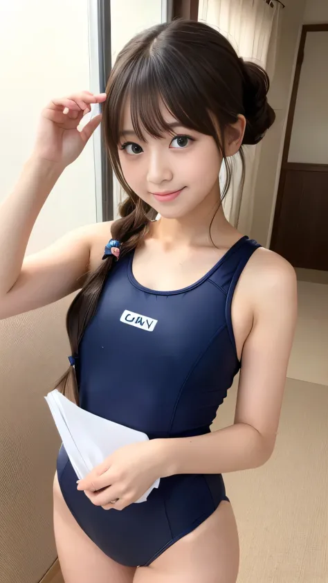 (Highest quality, masterpiece:1.2), Ultra-high resolution、One person、stand.Japanese  genius、Pool Classes、Teen、Puberty、(Navy blue school swimsuit)、 Something is wrong、, Very detailed, Realistic, P金traiture, Bright col金s, Fine sentences、Wavy Hair、Black Hair、bangs、One is a ponytail、Or pigtails、Hair accessories such as ribbons、Nogizaka Idol、A little blush、Beautiful and kind eyes、Strong smile。、Proactively、&#39;you&#39;、the body is slim、Bust A cup、Powerful and sexy images。Baby Face、relax、Victory smile 、、Non-NSFW images、Her parents are watching off-camera.....。Everyone is safe....。、(Full body image)