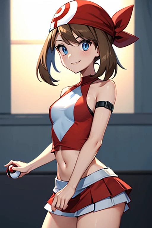 adult_may_from_pokemon, (red high_neck_halter_top | bare shoulders | neckholder | long_top), Pokeball in hand, (short_white_and_blue_miniskirt | pleated), very_small_midriff, brown hair, red bandana, blue eyes, motivated pose, pokeball_in_hand, outside, skinny, friendly smile, female, high resolution, 8k, cowboy shot