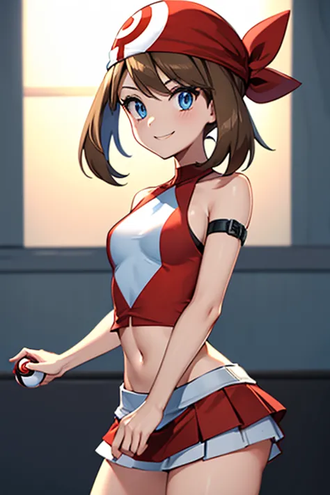 adult_may_from_pokemon, (red high_neck_halter_top | bare shoulders | neckholder | long_top), Pokeball in hand, (short_white_and_...