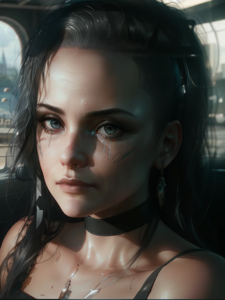 close up, oldAmendiares woman, gray hair, chocker, black makeup, solo, upper body, looking at viewer, ((masterpiece)), best illustration, (best quality), ((hyper-detailed)), (photorealistic), ((photorealism quality)), high resolution, film grain, god rays, high detail,photorealistic digital art trending on Artstation, 8k, HD high definition detailed realistic, ultradetailed, intricate detail