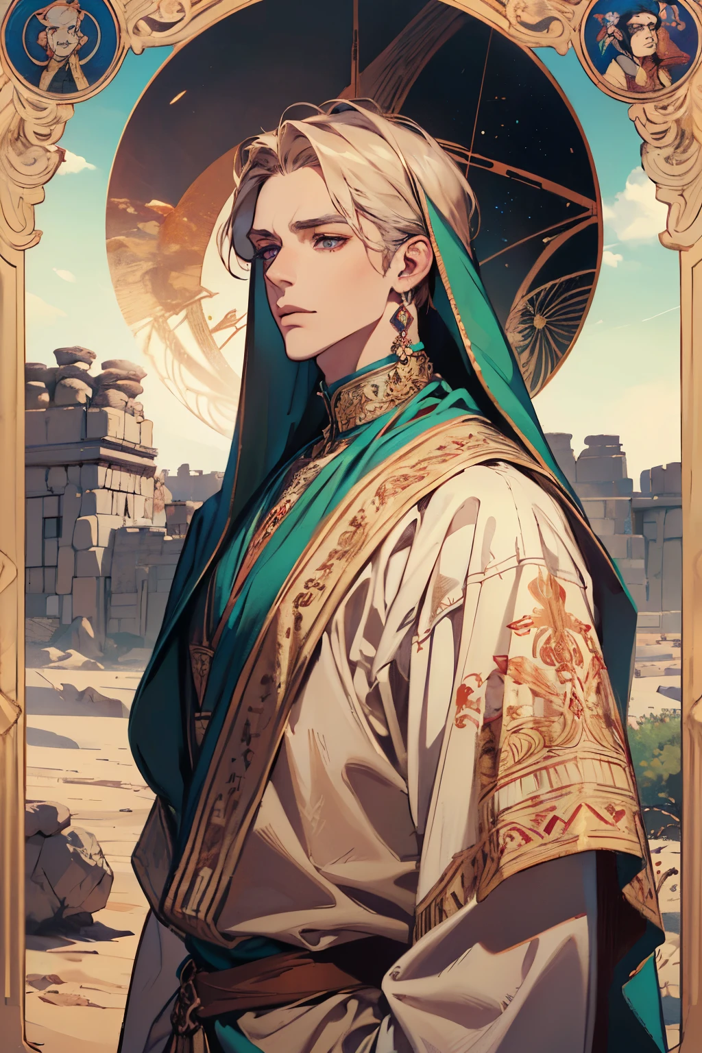 (absurdres, highres, ultra detailed), 1 male, adult, handsome, tall muscular guy, broad shoulders, finely detailed eyes and detailed face, the fool \tarot\, desert, camel, middle eastern clothes, Symbolism, Visual art, Occult, Universal, Vision casting, Philosophical, Iconography, Numerology, Popularity, Artistic, Alfons Mucha