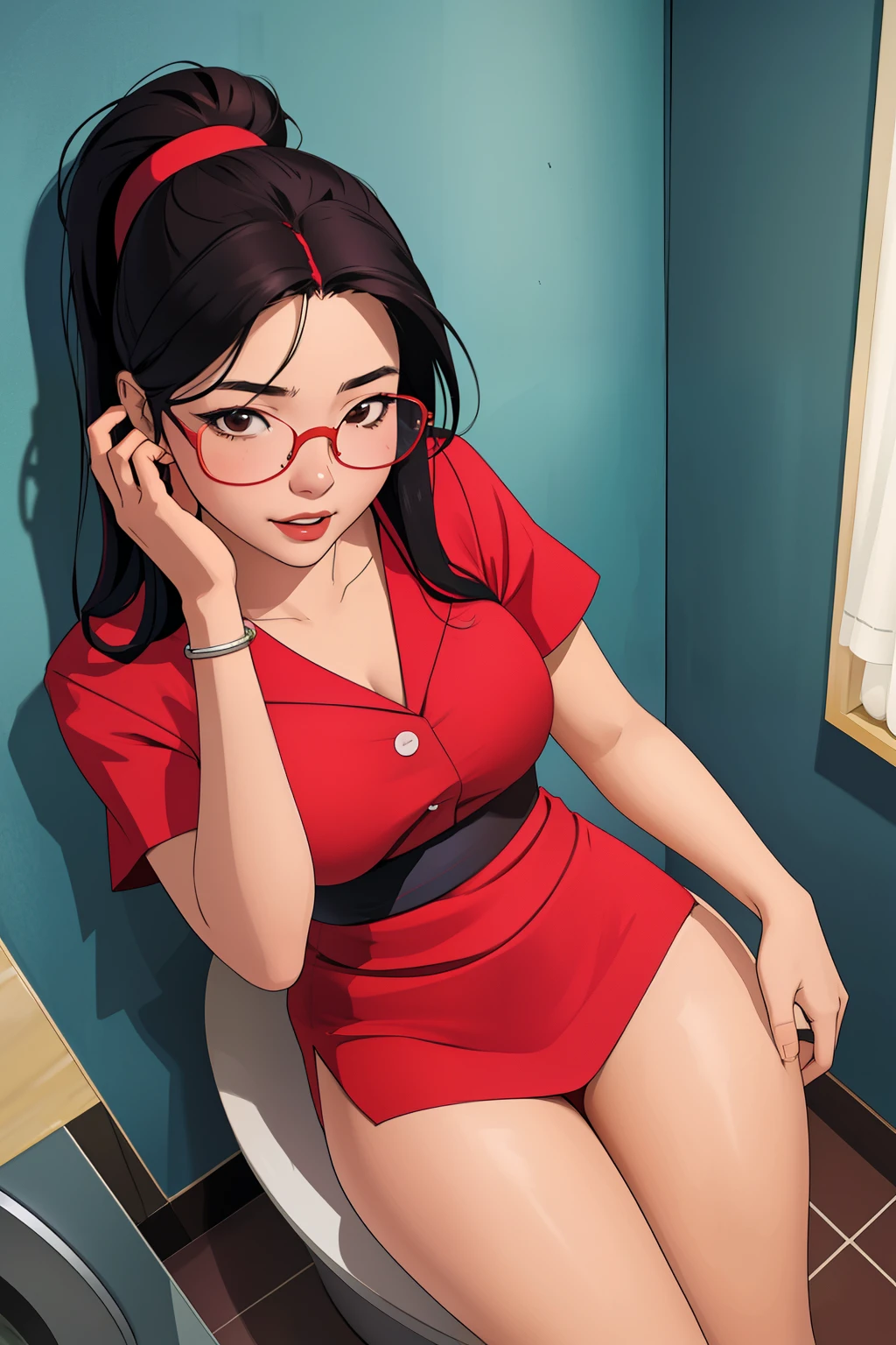 Korean naughty girl, (18 years old), in the hotel, bathroom, glasses, relaxed expression, (below view), (masterpiece, best quality, extremely detailed), 