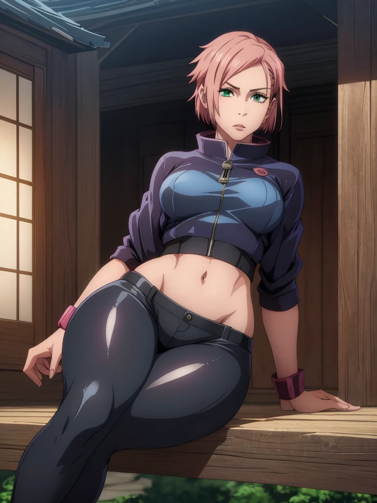 ((ultra quality)), ((masterpiece)), haruno sakuro, naruto, ((pink short hair)), (beautiful cute face), (beautiful female lips), charming, ((sexy facial expression)), looks at the camera, eyes slightly open, (skin color white), (blue skin), glare on the body, ((detailed beautiful female eyes)), ((green eyes)), (juicy female lips), (black eyeliner), (beautiful female hands), ((ideal female figure)), ideal female body, beautiful waist, gorgeous thighs, beautiful small breasts, ((subtle and beautiful)), seductively sits (close up of face), (sakura haruno clothing, black tight shorts leggings, Hidden Leaf Village shinobi clothing) background: hidden leaf village, naruto shippuden, ((depth of field)), ((high quality clear image)), (clear details), ((high detail)), realistically, professional photo session, ((clear focus)), anime
