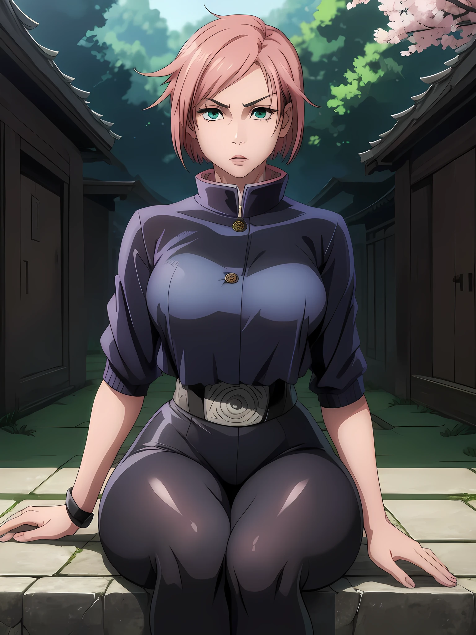 ((ultra quality)), ((masterpiece)), haruno sakuro, naruto, ((pink short hair)), (beautiful cute face), (beautiful female lips), charming, ((sexy facial expression)), looks at the camera, eyes slightly open, (skin color white), (blue skin), glare on the body, ((detailed beautiful female eyes)), ((green eyes)), (juicy female lips), (black eyeliner), (beautiful female hands), ((ideal female figure)), ideal female body, beautiful waist, gorgeous thighs, beautiful small breasts, ((subtle and beautiful)), seductively sits (close up of face), (sakura haruno clothing, black tight shorts leggings, Hidden Leaf Village shinobi clothing) background: hidden leaf village, naruto shippuden, ((depth of field)), ((high quality clear image)), (clear details), ((high detail)), realistically, professional photo session, ((clear focus)), anime
