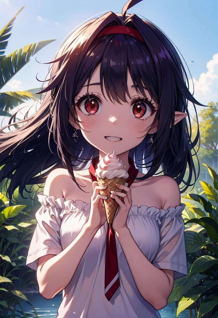 yuukikonno, Yuuki Konno, , Long Hair, Pointed Ears, Purple Hair, Ahoge,(Red eyes:1.5), (Small breasts:1.2), hair band,Oversized one-shoulder shirt,Short sleeve,Shorts,Heeled Sandals,Walking,Daytime,Clear skies,Holding and eating ice cream with both hands,happy smile,smile, Open your mouth,whole bodyがイラストに入るように,Palm tree,
break looking at viewer, whole body,
break outdoors, tropical,In town,
break (masterpiece:1.2), Highest quality, High resolution, unity 8k wallpaper, (figure:0.8), (Beautiful attention to detail:1.6), Highly detailed face, Perfect lighting, Highly detailed CG, (Perfect hands, Perfect Anatomy),