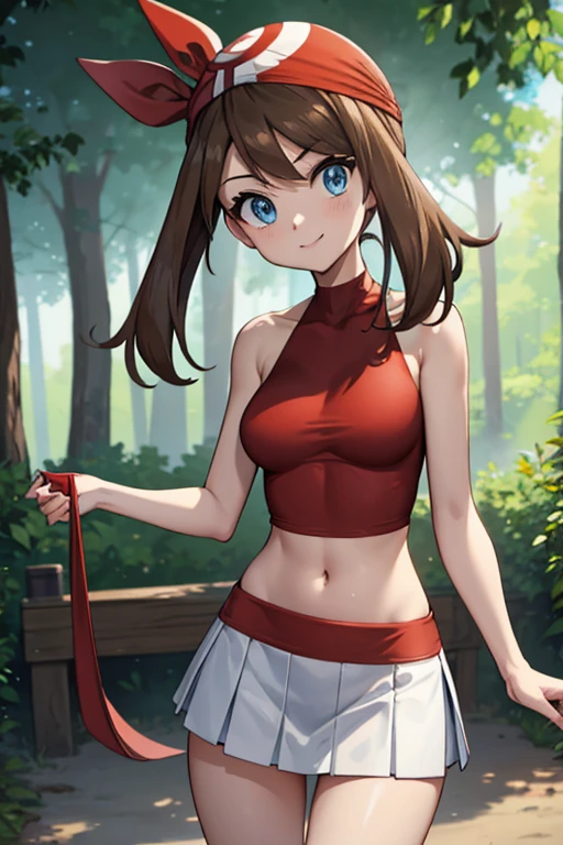 adult_may_from_pokemon, (red high_neck_halter_top | bare shoulders | neckholder), (short_white_and_blue_miniskirt | pleated), small_midriff, (very long hair | brown hair), red bandana, blue eyes, motivated pose, pokeball_in_hand, nature, skinny, friendly smile, female, high resolution, 8k, cowboy shot