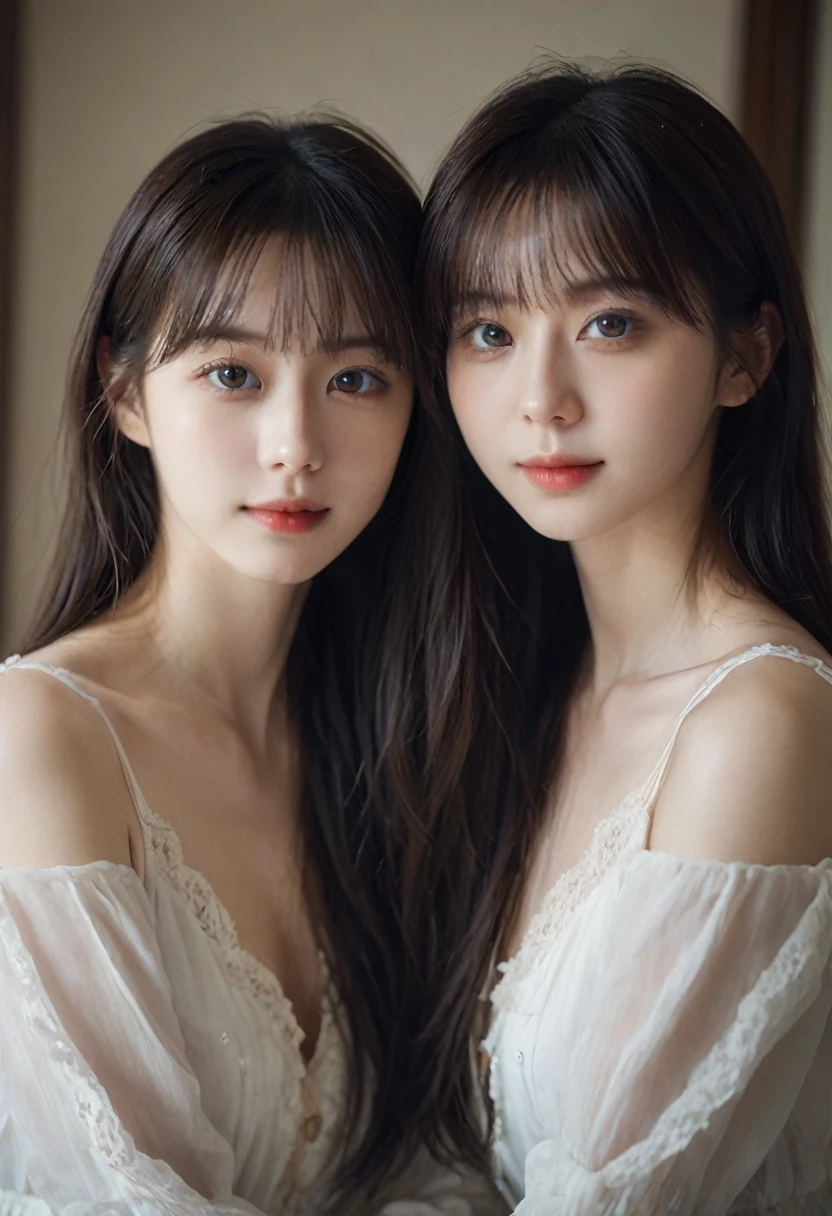 Two Girls,reality,photograph_(Moderate),reality的な,Iris,lip,Fantasy,Charming smile,The beauty in the mirror looks at you,reality世界の女の子たち,mirrorの中の少女,Hyperrealism,agnes cecil style,A frightening and thought-provoking difference,(mirror:1.2),Reach out and touch the mirror,Long Hair,twins,No makeup,