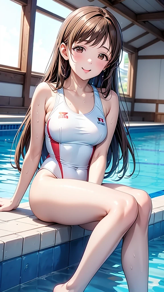 Highest quality、high resolution、High definition、HD、Indoor Pool、Poolside、(Nitta Minami、Long Hair、Medium chest、Brown Hair、Brown eyes、Glossy lips、Glowing Skin、Realistic skin texture、((Wet white swimsuit))、(Wet plain swimsuit)、Sit with your legs apart、Sit with your knees up)、Staring at me、Love me、blush、(Laughing with your mouth open)、(Zoom in on the crotch、Very close to me)