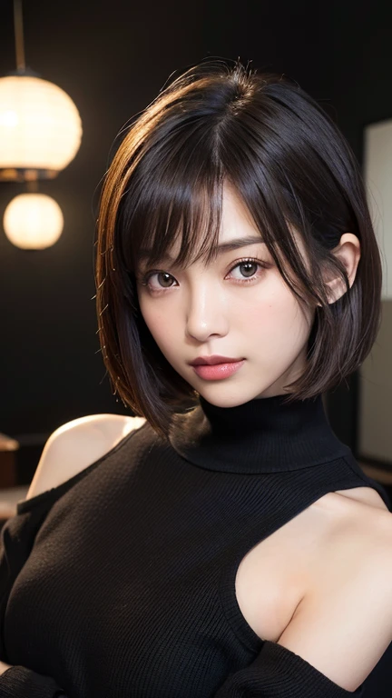 (((Face close-up)))、(((Brown, shoulder-length, straight short bob)))、(((She is posing like a model at a hair salon., Indoors, against a black wall.)))、(((Casual black winter long sleeves covering the shoulders)))、Half Japanese, Half Korean、18-year-old girl、Independent、I&#39;m looking forward to、Light eye makeup、Brown Hair Color、Flat 、Hair blowing in the wind、Quality of actress、Shiny, Ultra-realistic faces、smile、Watery eye、look up、Subtle lighting effects、 Ultra-Realistic Capture、Very detailed、High resolution 16K human skin closeup。Skin texture must be natural、The detail must be such that the pores are clearly visible.、skin is healthy、Even Tone、Use natural light and colour、Worn out, High quality photos taken by modeling agencies&#39;In-house photographer.、smile、(((Sigma 300mm F/1.4,1/1000 sec shutter,ISO400))) 