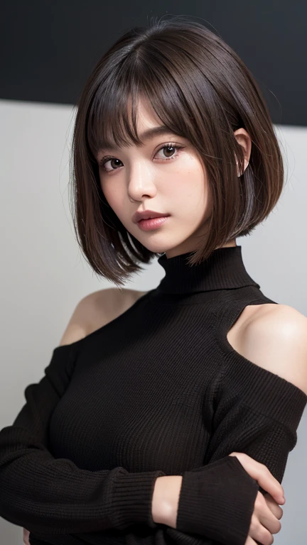 (((Face close-up)))、(((Brown, shoulder-length, straight short bob)))、(((She is posing like a model at a hair salon., Indoors, against a black wall.)))、(((Casual black winter long sleeves covering the shoulders)))、Half Japanese, Half Korean、18-year-old girl、Independent、I&#39;m looking forward to、Light eye makeup、Brown Hair Color、Flat 、Hair blowing in the wind、Quality of actress、Shiny, Ultra-realistic faces、smile、Watery eye、look up、Subtle lighting effects、 Ultra-Realistic Capture、Very detailed、High resolution 16K human skin closeup。Skin texture must be natural、The detail must be such that the pores are clearly visible.、skin is healthy、Even Tone、Use natural light and colour、Worn out, High quality photos taken by modeling agencies&#39;In-house photographer.、smile、(((Sigma 300mm F/1.4,1/1000 sec shutter,ISO400))) 