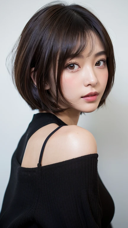 (((Face close-up)))、(((Brown, shoulder-length, straight short bob)))、(((She is posing like a model at a hair salon., Indoors, against a black wall.)))、(((Casual black winter long sleeves covering the shoulders)))、Half Japanese, Half Korean、18-year-old girl、Independent、I&#39;m looking forward to、Light eye makeup、Brown Hair Color、Flat 、Hair blowing in the wind、Quality of actress、Shiny, Ultra-realistic faces、smile、Watery eye、look up、Subtle lighting effects、 Ultra-Realistic Capture、Very detailed、High resolution 16K human skin closeup。Skin texture must be natural、The detail must be such that the pores are clearly visible.、skin is healthy、Even Tone、Use natural light and colour、Worn out, High quality photos taken by modeling agencies&#39;In-house photographer.、smile、(((Sigma 300mm F/1.4,1/1000 sec shutter,ISO400))) 