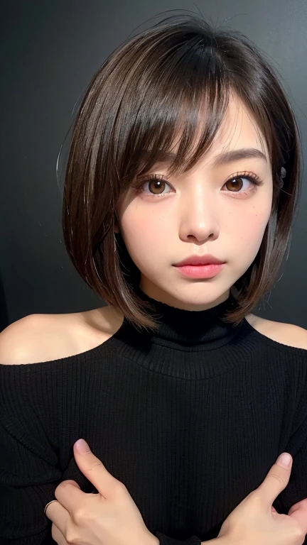 (((Face close-up)))、(((Brown, shoulder-length, straight short bob)))、(((She is posing like a model at a hair salon., Indoors, against a black wall.)))、(((Casual black winter long sleeves covering the shoulders)))、Half Japanese, Half Korean、18-year-old girl、Independent、I&#39;m looking forward to、Light eye makeup、Brown Hair Color、Flat 、Hair blowing in the wind、Quality of actress、Shiny, Ultra-realistic faces、smile、Watery eye、look up、Subtle lighting effects、 Ultra-Realistic Capture、Very detailed、High resolution 16K human skin closeup。Skin texture must be natural、The detail must be such that the pores are clearly visible.、skin is healthy、Even Tone、Use natural light and colour、Worn out, High quality photos taken by modeling agencies&#39;In-house photographer.、smile、(((Sigma 300mm F/1.4,1/1000 sec shutter,ISO400))) 