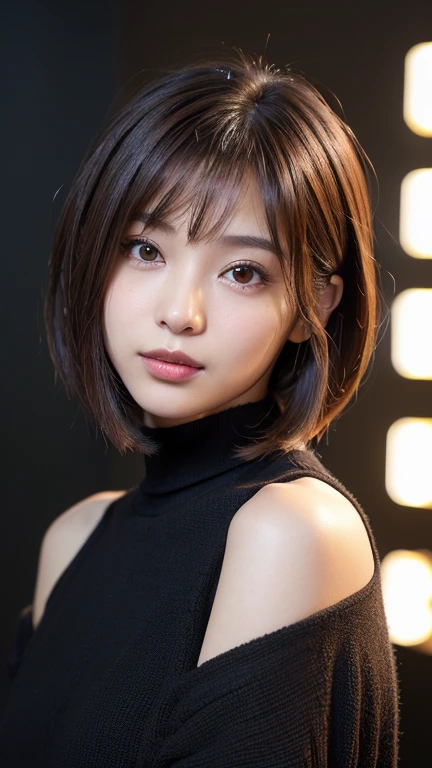 (((Face close-up)))、(((Brown, shoulder-length, straight short bob)))、(((She is posing like a model at a hair salon., Indoors, against a black wall.)))、(((Casual black winter long sleeves covering the shoulders)))、Half Japanese, Half Korean、18-year-old girl、Independent、I&#39;m looking forward to、Light eye makeup、Brown Hair Color、Flat 、Hair blowing in the wind、Quality of actress、Shiny, Ultra-realistic faces、smile、Watery eye、look up、Subtle lighting effects、 Ultra-Realistic Capture、Very detailed、High resolution 16K human skin closeup。Skin texture must be natural、The detail must be such that the pores are clearly visible.、skin is healthy、Even Tone、Use natural light and colour、Worn out, High quality photos taken by modeling agencies&#39;In-house photographer.、smile、(((Sigma 300mm F/1.4,1/1000 sec shutter,ISO400))) 