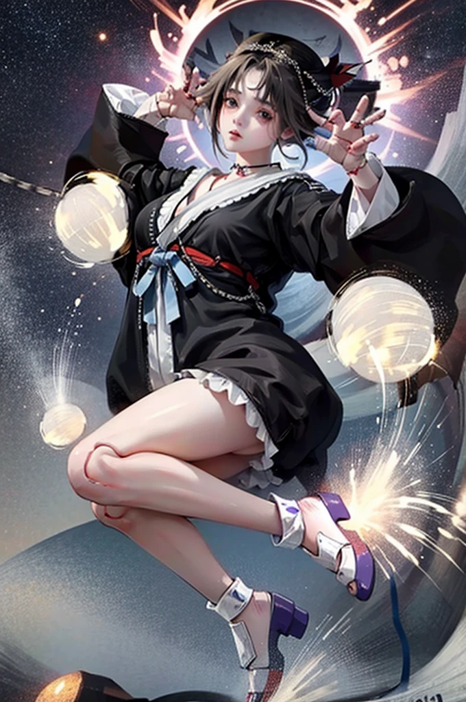 scary doll girl, short black disheveled hair, completely black eyes, wearing old and dirty yukata, four long arms, ventriloquist lines across her body, horror, (full body)