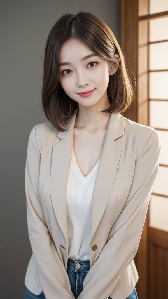 (Very detailedな CG Unity 8k 壁紙, Highest quality, Very detailed, Looking into the camera:1.2, The light shines on your face:1.5, Gray background, Professional Lighting), Japanese women, 26 years old, Brightly lit upper body composition of a face. She has an oval face, Soft arched eyebrows, bright expressive eyes,,, pronounced nose, And a friendly smile. Her hair is shoulder-length, straight, Dyed a pale chestnut color. She is wearing a smart casual blouse, Probably soft colors, Pair it with a chic blazer, Embody her lively and sociable personality