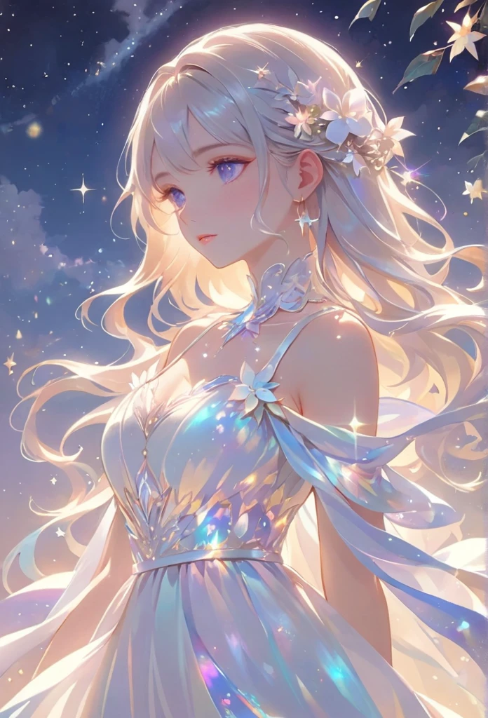 A girl standing alone under the starry night sky, with her silhouette illuminated by the soft moonlight and twinkling stars. Her face is beautifully detailed, with mesmerizing eyes that seem to reflect the universe itself, long and fluttering eyelashes, and exquisitely defined lips. She is dressed in an elegant gown, flowing and ethereal, embracing her figure gracefully as it glimmers with a subtle celestial glow. The intricate details of her dress catch the faint starlight, creating a mesmerizing sparkle. The surrounding landscape showcases a serene garden, lush with vibrant foliage and colorful flowers. The air is filled with a gentle breeze, causing the leaves to rustle and the flowers to sway delicately. The garden is bathed in a warm, dreamy color palette, with hues of deep blues, purples, and hints of silver. The atmosphere is calm and tranquil, evoking a sense of peace and serenity. The artwork is of the highest quality, meticulously created with ultra-detailed brushstrokes and precise attention to every element. The texture and depth of the painting are breathtaking, with a sense of realism and photorealism that captures the awe-inspiring beauty of the night sky. The lighting is soft and diffused, casting a gentle glow over the entire scene, enhancing the magical ambiance. The girl's presence radiates a sense of mystery and wonder, as if she holds a secret connected to the celestial beings above. The overall composition evokes a feeling of timelessness and captures the essence of a StarSign, an artwork that embodies the celestial beauty and inner strength of a girl in harmony with the stars.