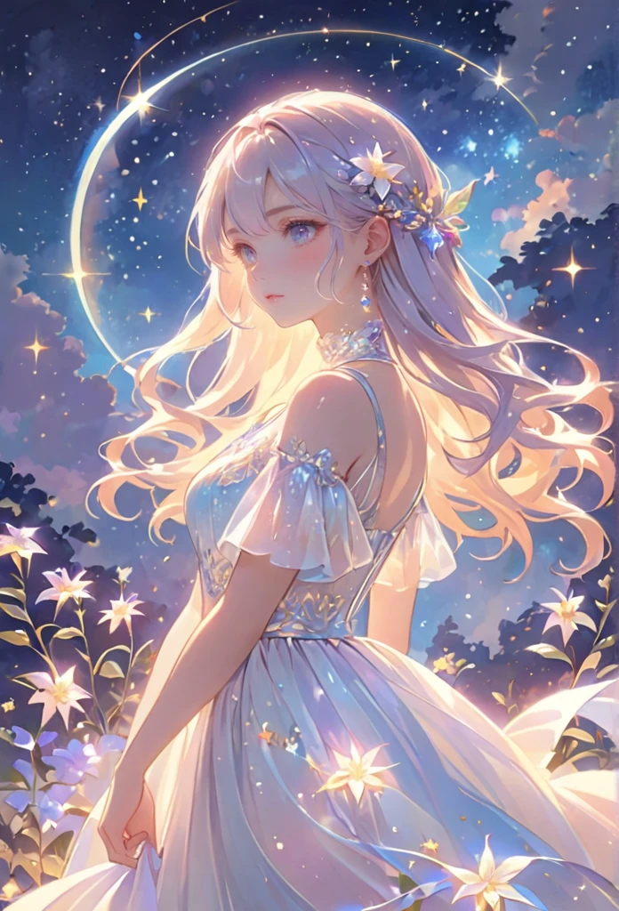 A girl standing alone under the starry night sky, with her silhouette illuminated by the soft moonlight and twinkling stars. Her face is beautifully detailed, with mesmerizing eyes that seem to reflect the universe itself, long and fluttering eyelashes, and exquisitely defined lips. She is dressed in an elegant gown, flowing and ethereal, embracing her figure gracefully as it glimmers with a subtle celestial glow. The intricate details of her dress catch the faint starlight, creating a mesmerizing sparkle. The surrounding landscape showcases a serene garden, lush with vibrant foliage and colorful flowers. The air is filled with a gentle breeze, causing the leaves to rustle and the flowers to sway delicately. The garden is bathed in a warm, dreamy color palette, with hues of deep blues, purples, and hints of silver. The atmosphere is calm and tranquil, evoking a sense of peace and serenity. The artwork is of the highest quality, meticulously created with ultra-detailed brushstrokes and precise attention to every element. The texture and depth of the painting are breathtaking, with a sense of realism and photorealism that captures the awe-inspiring beauty of the night sky. The lighting is soft and diffused, casting a gentle glow over the entire scene, enhancing the magical ambiance. The girl's presence radiates a sense of mystery and wonder, as if she holds a secret connected to the celestial beings above. The overall composition evokes a feeling of timelessness and captures the essence of a StarSign, an artwork that embodies the celestial beauty and inner strength of a girl in harmony with the stars.