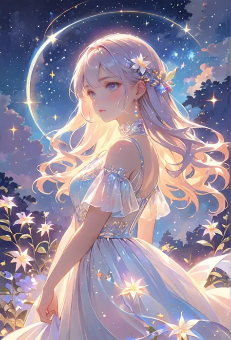 A girl standing alone under the starry night sky, with her silhouette illuminated by the soft moonlight and twinkling stars. Her...