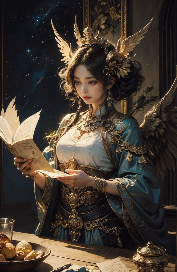 (Tabletop, Highest qualityの, (((((woman)))))、Highest quality, Official Art, (beautifully、beautiful:1.4), (Oil painting:1.4) ),（（male））  (lucifer), God of Japanese God Stories々々, fleeting beauty, A mysterious god illuminated by the starry sky, Winged Angel、god&#39;Grace, Calm and thoughtful expression, Flowing Heavenly Robe, Dazzling silver stars light up the night view, Dance of shadows and lights, Whispers of Ancient Legends、Very slender、