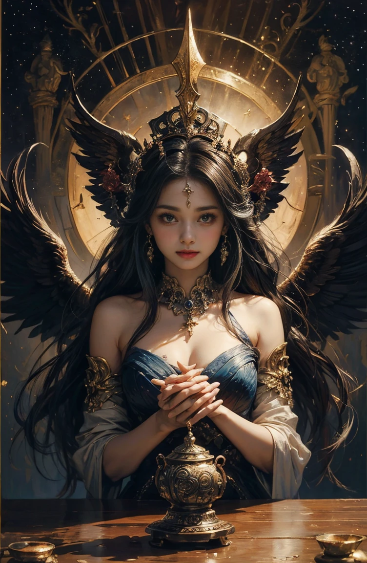 (Tabletop, Highest qualityの, (((((woman)))))、Highest quality, Official Art, (beautifully、beautiful:1.4), (Oil painting:1.4) ),（（male））  (lucifer), God of Japanese God Stories々々, fleeting beauty, A mysterious god illuminated by the starry sky, Winged Angel、god&#39;Grace, Calm and thoughtful expression, Flowing Heavenly Robe, Dazzling silver stars light up the night view, Dance of shadows and lights, Whispers of Ancient Legends、Very slender、