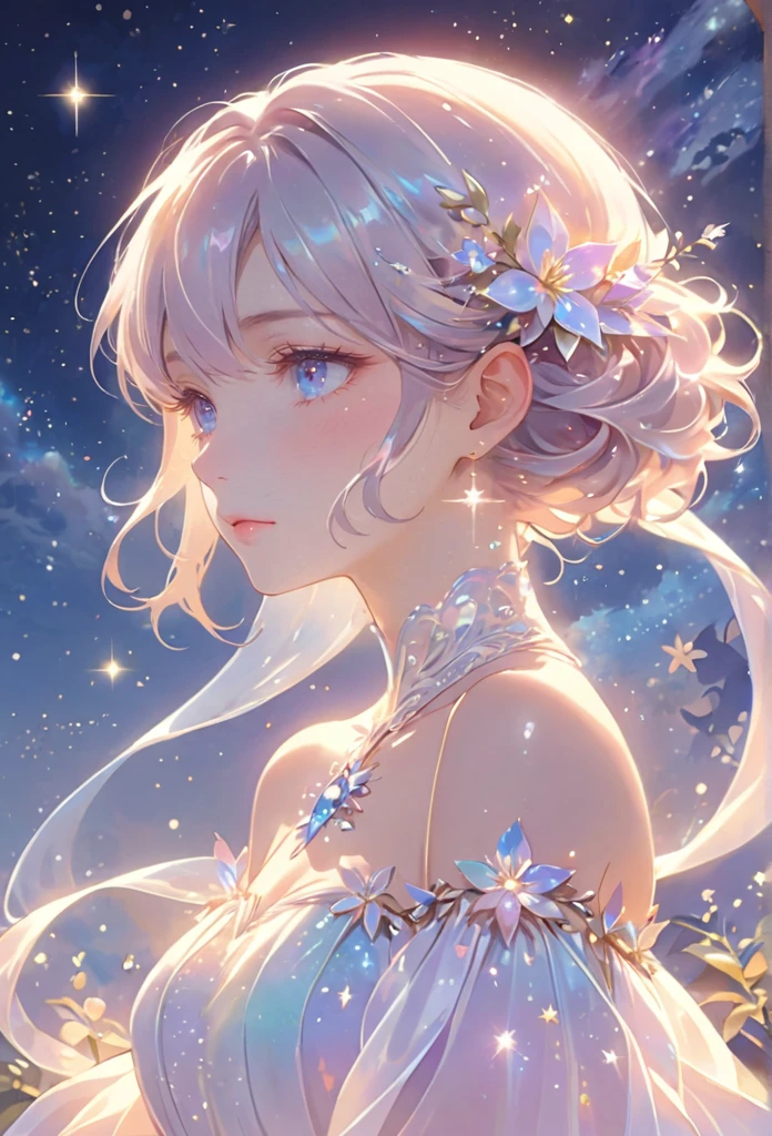 A girl standing alone under the starry night sky, with her silhouette illuminated by the soft moonlight and twinkling stars. Her face is beautifully detailed, with mesmerizing eyes that seem to reflect the universe itself, long and fluttering eyelashes, and exquisitely defined lips. She is dressed in an elegant gown, flowing and ethereal, embracing her figure gracefully as it glimmers with a subtle celestial glow. The intricate details of her dress catch the faint starlight, creating a mesmerizing sparkle. The surrounding landscape showcases a serene garden, lush with vibrant foliage and colorful flowers. The air is filled with a gentle breeze, causing the leaves to rustle and the flowers to sway delicately. The garden is bathed in a warm, dreamy color palette, with hues of deep blues, purples, and hints of silver. The atmosphere is calm and tranquil, evoking a sense of peace and serenity. The artwork is of the highest quality, meticulously created with ultra-detailed brushstrokes and precise attention to every element. The texture and depth of the painting are breathtaking, with a sense of realism and photorealism that captures the awe-inspiring beauty of the night sky. The lighting is soft and diffused, casting a gentle glow over the entire scene, enhancing the magical ambiance. The girl's presence radiates a sense of mystery and wonder, as if she holds a secret connected to the celestial beings above. The overall composition evokes a feeling of timelessness and captures the essence of a StarSign, an artwork that embodies the celestial beauty and inner strength of a girl in harmony with the stars.