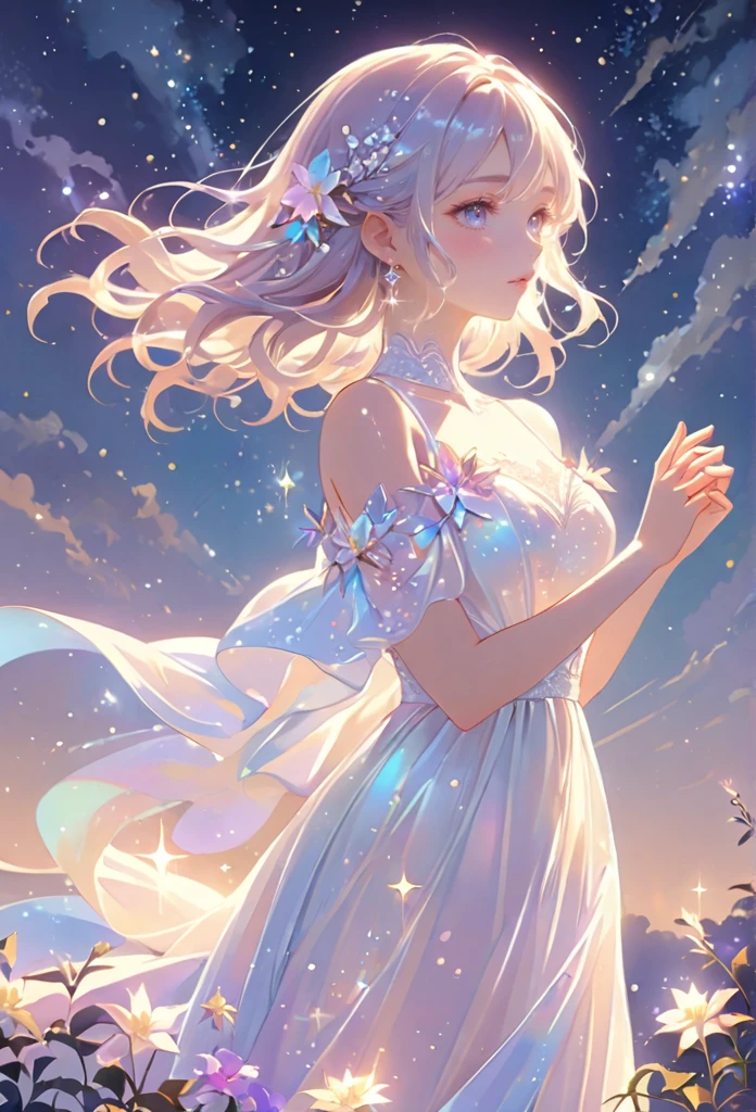 A girl standing alone under the starry night sky, with her silhouette illuminated by the soft moonlight and twinkling stars. Her face is beautifully detailed, with mesmerizing eyes that seem to reflect the universe itself, long and fluttering eyelashes, and exquisitely defined lips. She is dressed in an elegant gown, flowing and ethereal, embracing her figure gracefully as it glimmers with a subtle celestial glow. The intricate details of her dress catch the faint starlight, creating a mesmerizing sparkle. The surrounding landscape showcases a serene garden, lush with vibrant foliage and colorful flowers. The air is filled with a gentle breeze, causing the leaves to rustle and the flowers to sway delicately. The garden is bathed in a warm, dreamy color palette, with hues of deep blues, purples, and hints of silver. The atmosphere is calm and tranquil, evoking a sense of peace and serenity. The artwork is of the highest quality, meticulously created with ultra-detailed brushstrokes and precise attention to every element. The texture and depth of the painting are breathtaking, with a sense of realism and photorealism that captures the awe-inspiring beauty of the night sky. The lighting is soft and diffused, casting a gentle glow over the entire scene, enhancing the magical ambiance. The girl's presence radiates a sense of mystery and wonder, as if she holds a secret connected to the celestial beings above. The overall composition evokes a feeling of timelessness and captures the essence of a StarSign, an artwork that embodies the celestial beauty and inner strength of a girl in harmony with the stars.